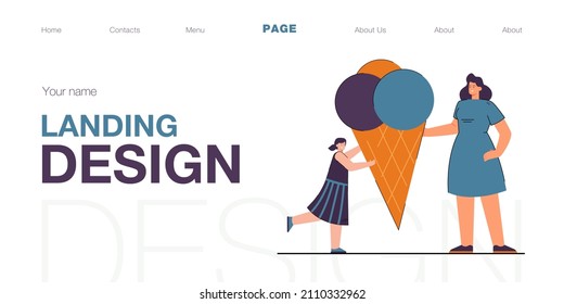 Woman giving ice cream to girl. Mother offering cone with colorful balls of ice cream to daughter. Child happy, tasty food. Dessert, tasty snack concept for banner, website design, landing web page