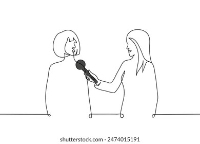 woman giving an interview to another smiling woman - one line art vector. interview concept, eyewitness commentary, social street survey. Handmade vector not AI