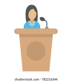 A woman giving a lecture while standing on a rostrum flat icon