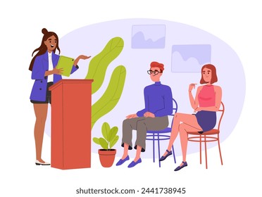 Woman giving lecture. Young girl with book talk with auditorium. Business presentation and seminar. Confident orator and public speaker. Cartoon flat vector illustration isolated on white background