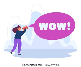 Woman giving loud shout WOW in megaphone or loudspeaker. Female speaker drawing attention of people and advertising her business flat vector illustration. Information, creative message concept