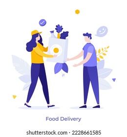 Woman giving to man paper bag full of food. Concept of express grocery store, supermarket or shop products delivery, customer service, e-commerce. Modern flat vector illustration for banner, poster.