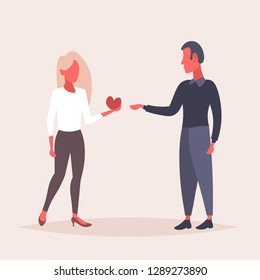 woman giving man red heart shape surprise happy valentines day holiday celebration concept couple in love male female cartoon characters full length flat