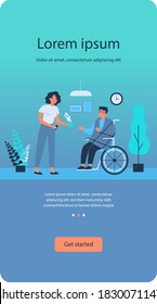 Woman giving medicine to sick man in wheelchair. Flu, syrup, temperature flat vector illustration. Healthcare and therapy concept for banner, website design or landing web page