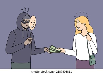 Woman giving money to male scammer in mask. Female pass cash to criminal. Scam and fraud concept. Vector illustration. 