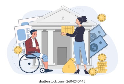 A woman giving money to a man in a wheelchair in front of a bank building, with coins, bills, and documents around, symbolizing financial assistance. Vector illustration