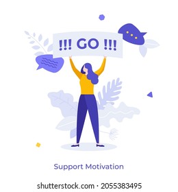 Woman giving motivational speech or lecture. Concept of speaker giving motivation, support, encouragement and inspiration during leadeship training. Modern flat colorful vector illustration for banner