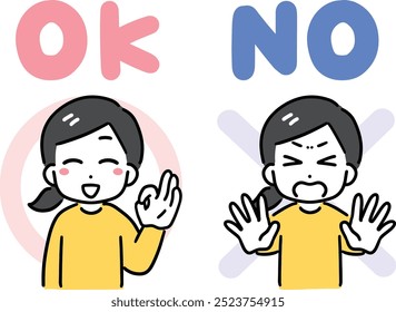 A woman giving OK and NO signs