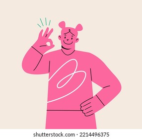 Woman is giving an ok sign. Colorful vector illustration