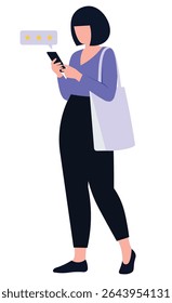 Woman giving online customer review vector illustration.