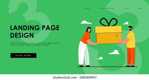 Woman giving present to man. Bearded male character receiving colorful box with ribbon from his girlfriend. Female smiling. Gift , love concept for banner, website design or landing web page