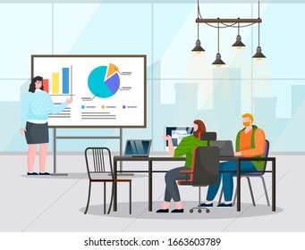 Frauen geben Präsentation auf Whiteboard mit Statistiken und Analyse für Studenten. Moderator mit Bericht für Mitarbeiter, Business Meeting von Chef und Mitarbeiter. Büroseminar-Vektorillustration im Flachstil