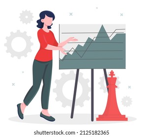 Woman giving presentation. Young girl stands at blackboard, marketing research and public speaking. Employee offers her ideas, business meeting with charts and graphs. Cartoon flat vector illustration