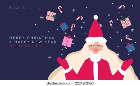 Woman giving presents wrapped in festive wrapping paper. Holiday surprise concept. Colored flat vector illustration