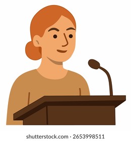 Mulher proferindo um discurso público no pódio, ilustração plana, simbolizando liderança, ativismo ou campanha. Ideal para temas políticos ou de empoderamento.