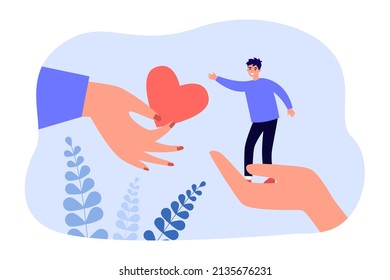 Woman giving red heart to tiny man. Male character standing in giant palm of hand flat vector illustration. Love, marriage, romantic relationship concept for banner, website design or landing web page