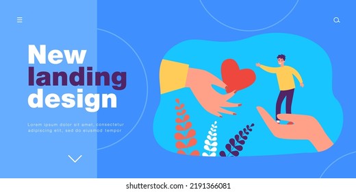 Woman giving red heart to tiny man. Male character standing in giant palm of hand flat vector illustration. Love, marriage, romantic relationship concept for banner, website design or landing web