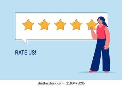 Woman giving review rating and feedback. Customer choice and employee feedback. Rank rating stars feedback. Business satisfaction support. 