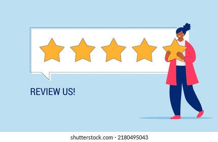 Woman Giving Review Rating And Feedback. Customer Choice And Employee Feedback. Rank Rating Stars Feedback. Business Satisfaction Support. 