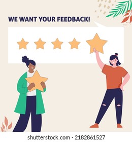 Woman giving review rating and feedback. Customer choice and employee feedback. Rank rating stars feedback. Business satisfaction support. 