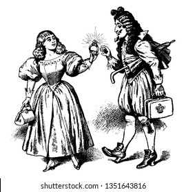 A woman giving ring to man, she holding bag in another hand, vintage line drawing or engraving illustration