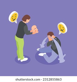 Woman giving social mask to crying man to disguise his feelings and wear it in society isometric concept on color background vector illustration