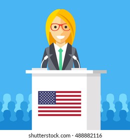 Woman giving speech at rostrum with american flag. Female character, white podium tribune, american flag. President speech, election debates, presidential campaign concepts. Flat vector illustration