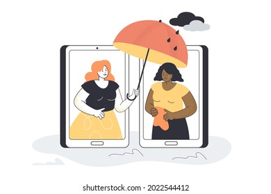 Woman Giving Support To Sad Female Friend Over Phone. Character With Umbrella Helping Black Girl With Depression, Online Therapy Flat Vector Illustration. Mental Health, Empathy, Psychology Concept