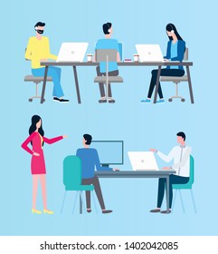 Woman Giving Tasks To Employees Vector, Man Sitting By Table Working With Data And Business Project Flat Style. Manger With Orders To Workers Isolated