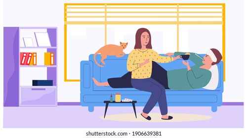 Woman giving tea with lemon to sick man with compress on his head. People are treated in office. Girl helps and treats guy at workplace. Male character takes pills, medications and antivirals