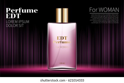 Woman Glamour Pink Bottle Perfume Contained in Square Glass Poster Ads Mock up Shine Glowing Line Black Background. Excellent Advertising. Cosmetic Package Design Product. 3D Vector Illustration.