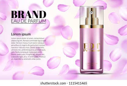 Woman Glamour Pink Rose Water Spray Bottle. Perfume Contained in Glass Mock up with Falling petals Flowers Background. Excellent Advertising. Cosmetic Design Product. 3D Vector Illustration