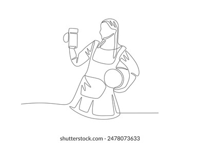 Woman with glass of beer and beer keg. Oktoberfest concept one-line drawing