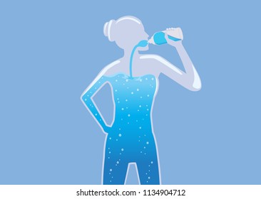 Woman with a glass body drinking pure water into her body. Illustration about healthy lifestyle concept.