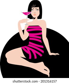 Woman with glass in hand. Vector illustration