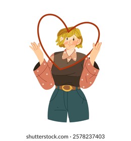 Woman with glass heart, vector image or clipart. Lady holds heart shape border in hands. Sign of confession of love, giving a valentine or Valentines day greeting. Sympathy or friendship heart symbol.