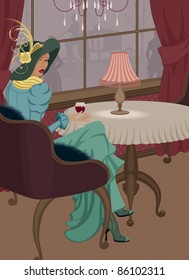 Woman with glass of red wine at restaurant in old-fashioned style
