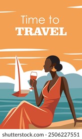 Woman with a glass at sunset on vacation. Vacation and travel time concept. The girl is on vacation. Template with place for text, tourism concept. Illustration on the theme of summer