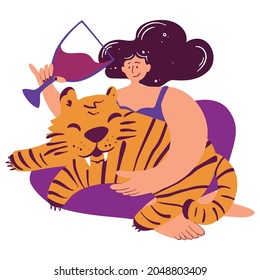 Woman with a glass of wine with a big wild cat on her lap. Celebrates the new year 2022, the year of the tiger of the Chinese calendar. Strong woman, girl power