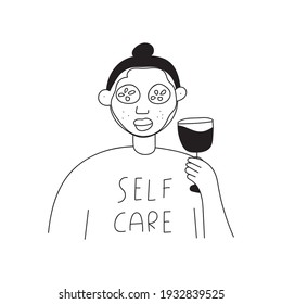 Woman with glass of wine, wearing beauty mask on her face and her vegetables on her eyes. Self care. Vector outline illustration on white background.