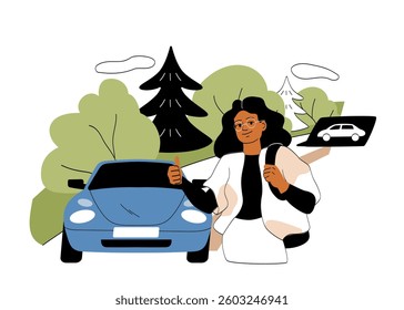 A woman with glasses and a backpack hitchhiking near a blue car on a forest road. Green trees and a direction sign with a car icon in the background. Travel concept. Vector illustration
