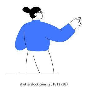 Mujer con gafas en un suéter azul apuntando a la derecha, centrándose en la dirección y la toma de decisiones. Ideal para presentaciones, liderazgo, orientación de equipo, material instructivo, contenido motivacional. Sencillo