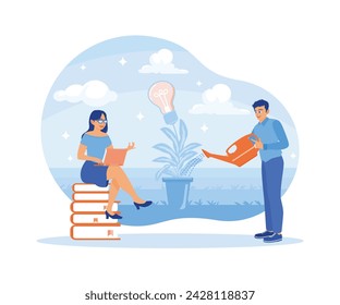 A woman in glasses and a businessman developing a new business idea. Business Idea concept. Flat vector illustration.