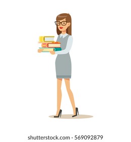 Woman In Glasses Carrying Pile OF Books, Smiling Person In The Library Vector Illustration