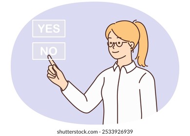 Woman in glasses choose no answer. Decisive female in eyewear make decision from option menu. Vector illustration.