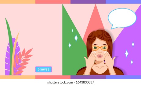 Woman in Glasses in Emotion Amazement.  Facial Expressions Admire. Surprised Girls. Detailed Flat Style Vector Illustration Stock.