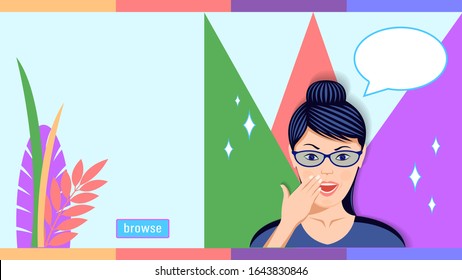 Woman in Glasses in Emotion Amazement.  Facial Expressions Admire. Surprised Girls. Detailed Flat Style Vector Illustration Stock.