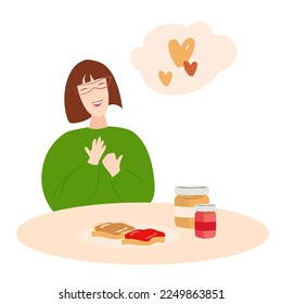 Woman with glasses enjoying food. Breakfast time.  Vector Illustration for Peanut Butter and Jelly Day. Toasted bread,  jar of peanut butter and strawberry jelly. 