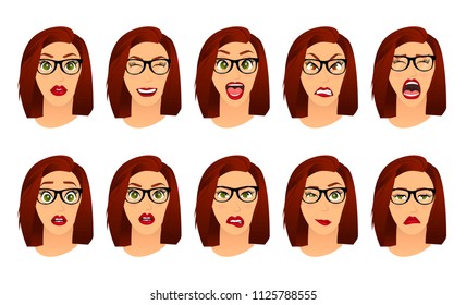 Woman with glasses facial expressions, gestures, emotions happiness surprise disgust sadness rapture disappointment fear surprise joy smile despondency. Cartoon icons set isolated. Vector illustration