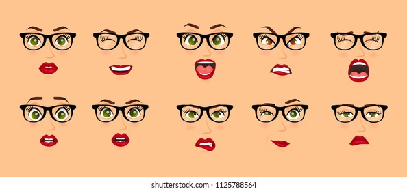 Woman with glasses facial expressions, gestures, emotions happiness surprise disgust sadness rapture disappointment fear surprise joy smile despondency. Cartoon icons set isolated. Vector illustration